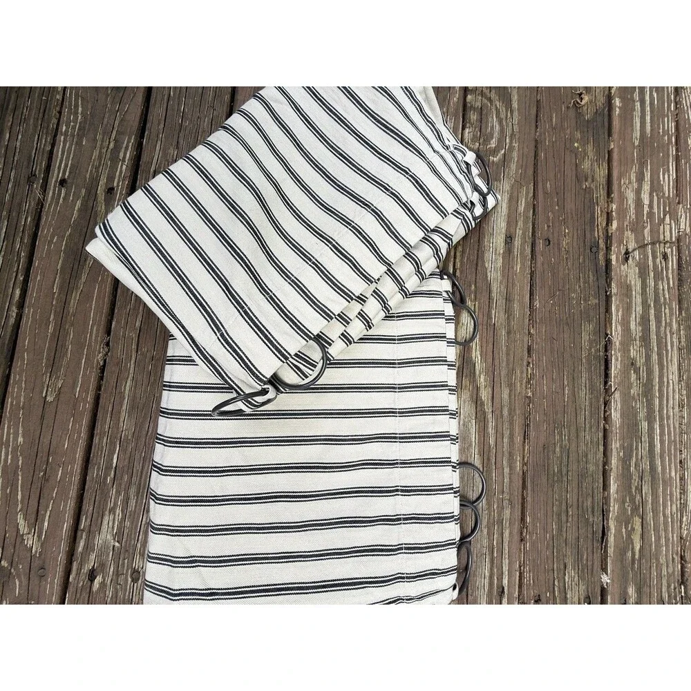 Pottery Barn Set of 2 Stripe Drapes Linen Blend Curtains 48“ X 79“  & Rings Blue